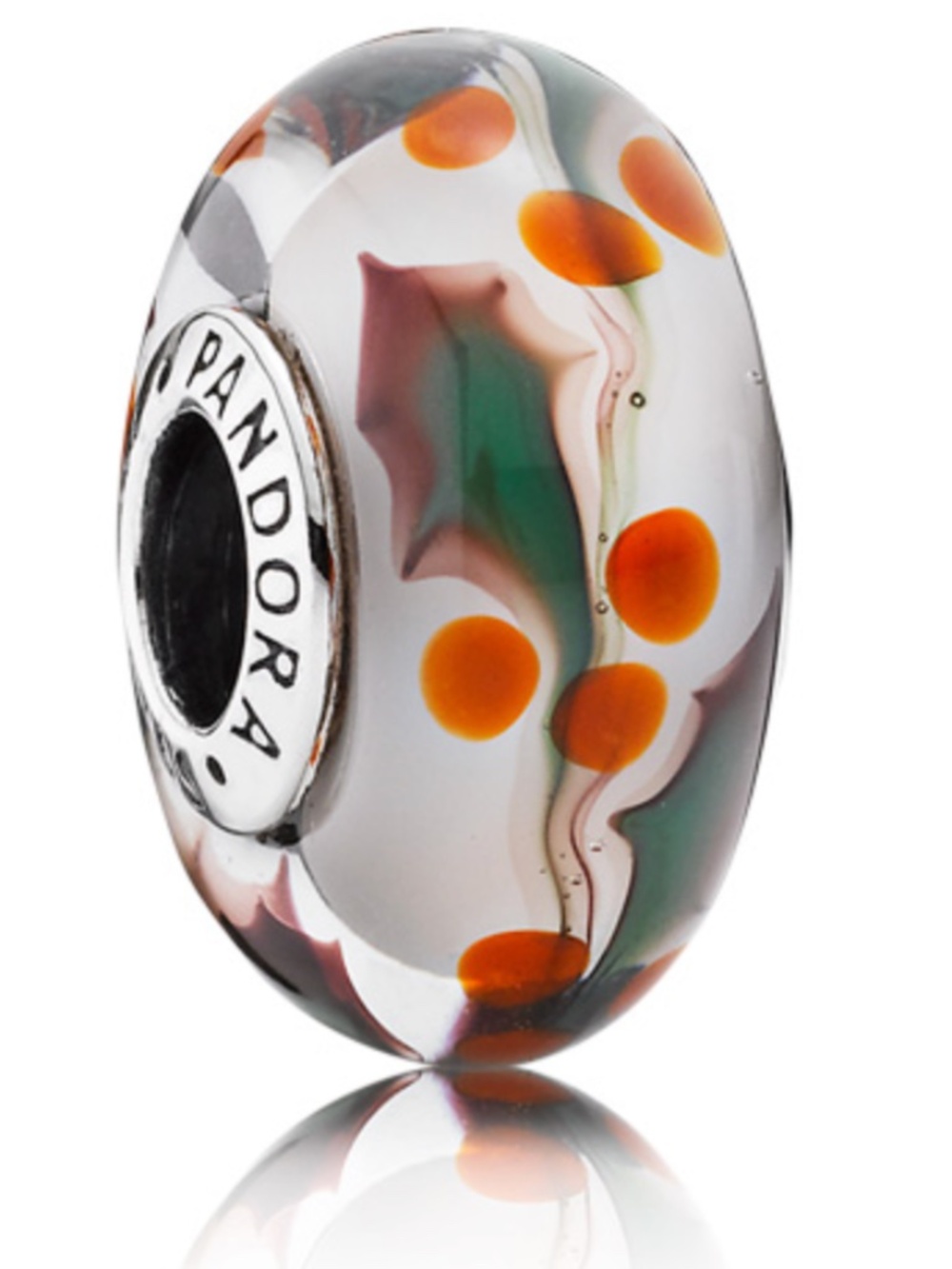 Retired Pandora Charm Christmas Holly Murano Glass Charm